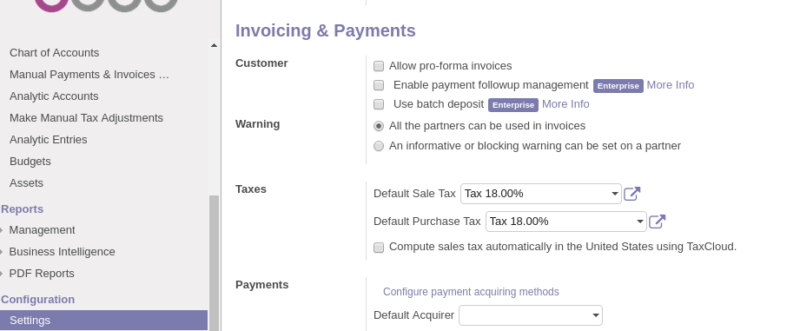 Setting default sales tax in configuration